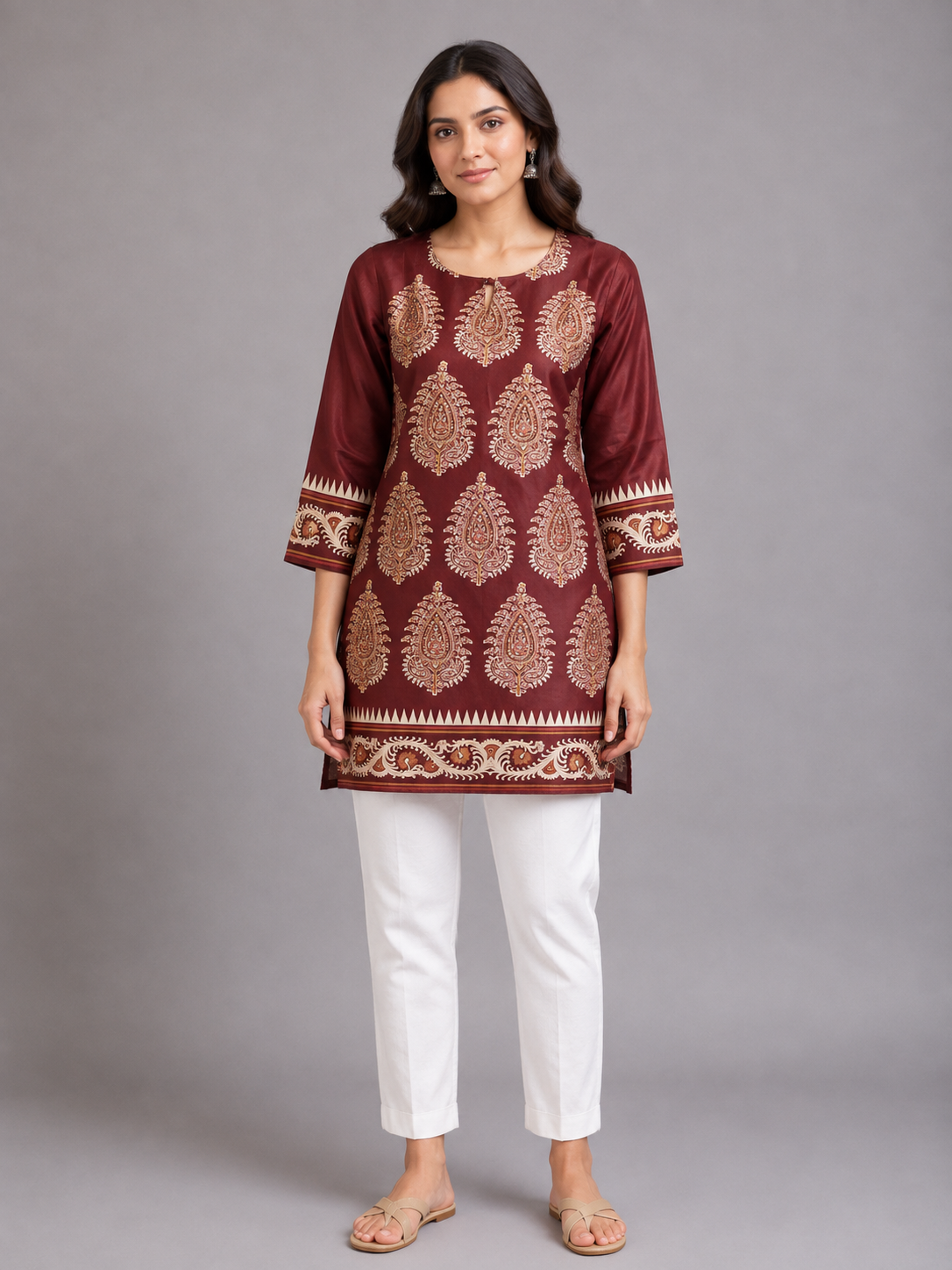 Maroon Paisley Print Silk Short Kurta
